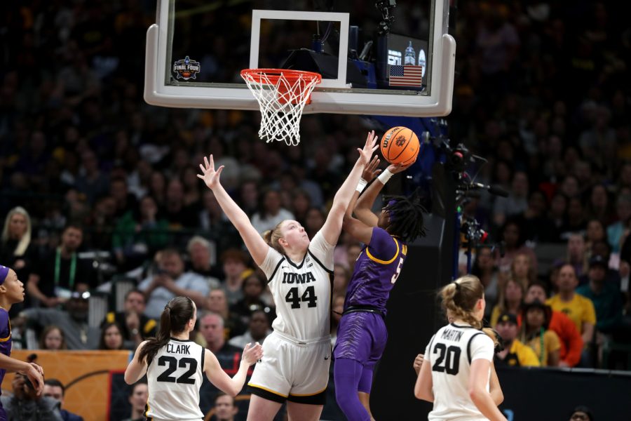 Iowa center Addison OGrady attempts to block LSU forward SaMyah Smith’s shot during the 2023 NCAA women’s national championship game between No. 2 Iowa and No. 3 LSU at American Airlines Center in Dallas, Texas on Sunday, April 2, 2023. Smith scored two points. The Tigers defeated the Hawkeyes, 102-85.