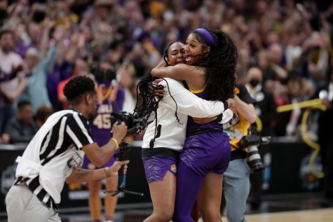 LSU forward Amani Bartlett embraces Angel Reese after the 2023 NCAA women’s national championship game between No. 2 Iowa and No. 3 LSU at American Airlines Center in Dallas, Texas on Sunday, April 2, 2023. The Tigers defeated the Hawkeyes, 102-85.