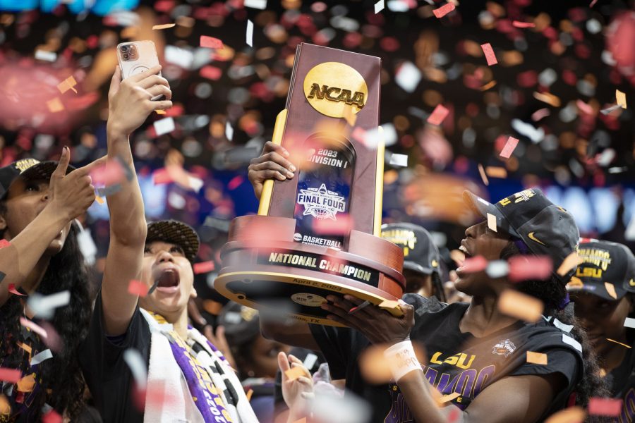 The LSU women’s basketball team celebrate after the 2023 NCAA women’s national championship game between No. 2 Iowa and No. 3 LSU at American Airlines Center in Dallas, Texas on Sunday, April 2, 2023. The Tigers defeated the Hawkeyes, 102-85.