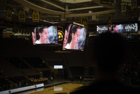 Iowa guard Caitlin Clark is introduced on the jumbotron during the watch party of the NCAA women’s basketball final at Carver-Hawkeye Arena on Sunday, April 2, 2023. The Tigers defeated The Hawkeyes, 102-85.