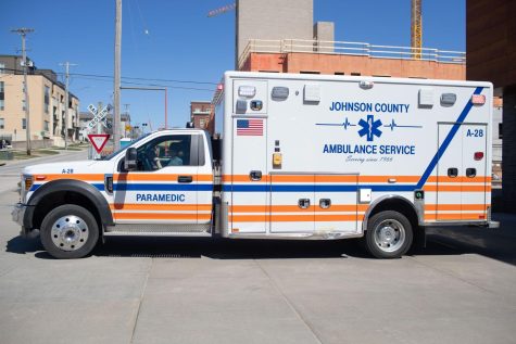 Johnson County Emergency Medical Services team leaves the Johnson County Ambulance and Medical Examiner building in Iowa City to respond to a call on Thursday, April 6, 2023. 