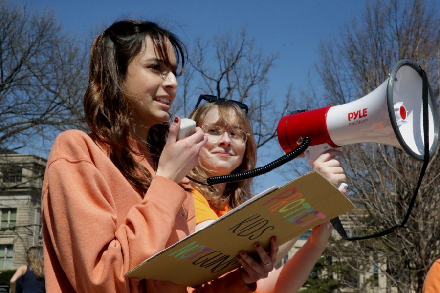University of Iowa sophomore Melissa Alvarez delivers a speech on the Pentacrest in Iowa City, Iowa during the march for gun safety on Saturday, April 8, 2023. 