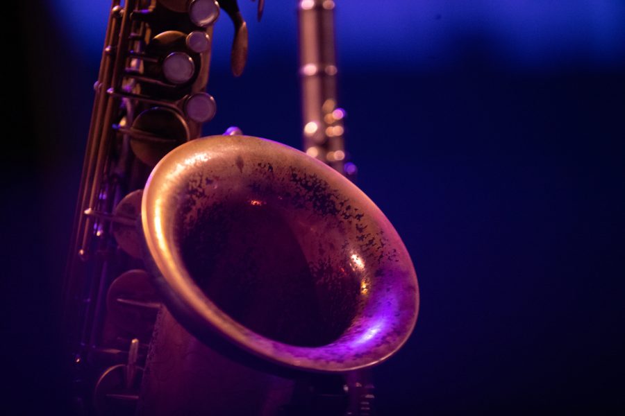 A saxophone is seen on stage during a Kevin Morby concert in Englert, in Iowa City, during the Mission Creek Festival on Saturday, April 8, 2023.