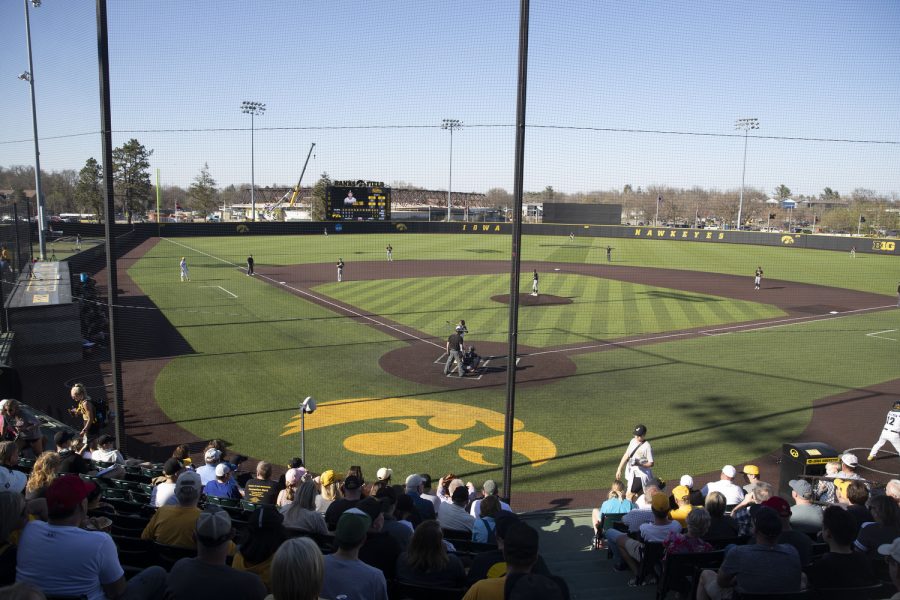 A+baseball+game+between+Iowa+and+Wisconsin-Milwaukee+is+seen+at+Duane+Banks+Field+on+Wednesday%2C+April+12%2C+2023.+The+Hawkeyes+defeated+the+Panthers%2C+12-1.