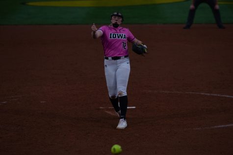 Iowa pitcher Jalen Adams throws the ball during a softball game between Iowa and Maryland at Pearl Field on Sunday, April 14, 2023. Maryland defeated Iowa, 5-2, in the first game and 2-0 in the second.