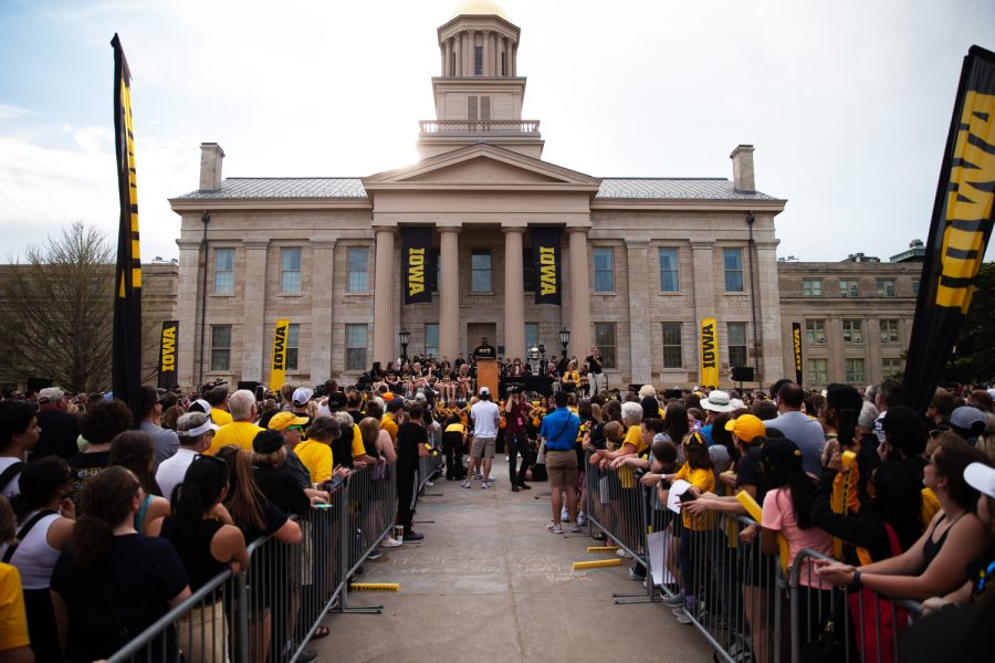 Fans gather for the Iowa Women’s basketball celebration on the Pentacrest in Iowa City on Friday, April 14, 2023.
