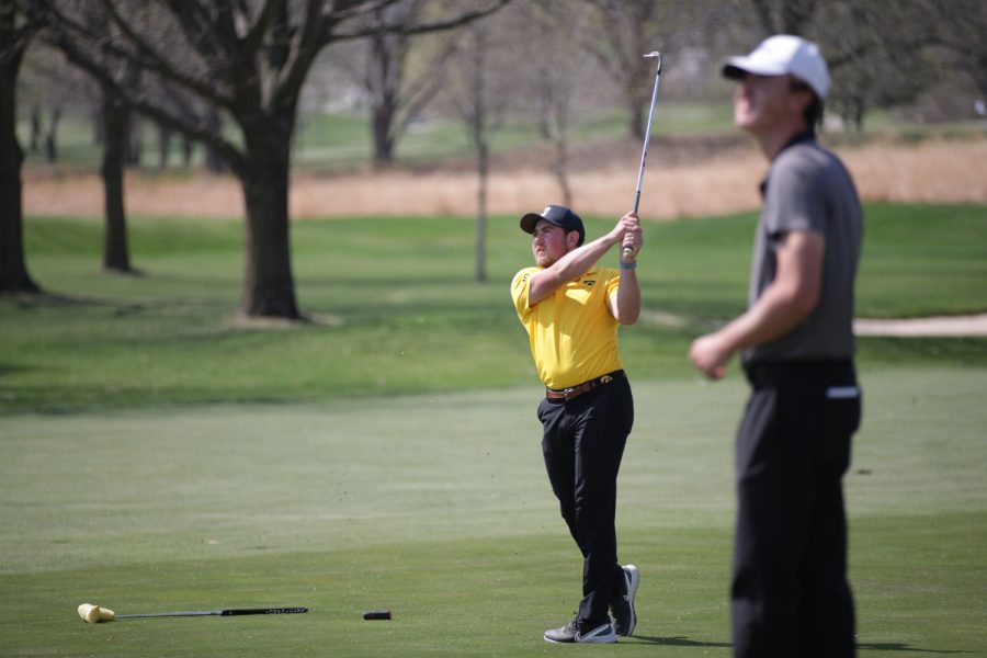 Iowas+Mac+McClear+takes+a+shot+during+the+Hawkeye+invitational+at+Finkbine+Golf+Course+in+Iowa+City+on+Saturday%2C+April+15%2C+2023.+The+Hawkeyes+lead+after+all+three+rounds+of+the+two-day+tournament+and+took+both+the+team+and+individual+sweepstakes+with+Iowas+Mac+McClear+taking+the+individual+title.
