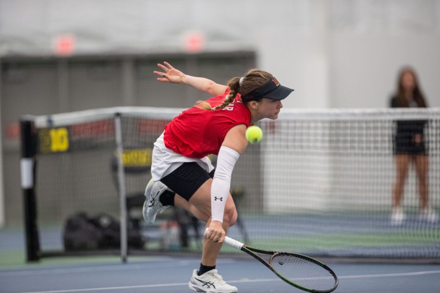 Maryland’s Selma Cadar tries to hit the ball during a tennis meet at the Hawkeye Tennis & Recreational Complex in Iowa City on Sunday, April 16, 2023. Cadar lost her singles competition. The Hawkeye’s won, 4-3. 