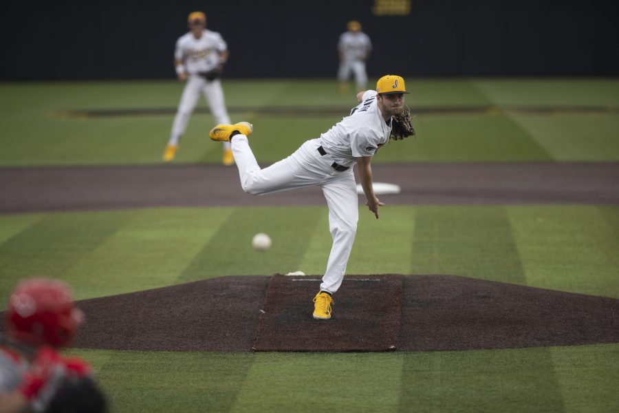 Iowa pitcher Aaron Salvary throws the ball during a baseball game between Iowa and Bradley at Duane Banks Field on Wednesday, April 19, 2023. The Hawkeyes defeated the Braves, 6-1. Salvary allowed one hit in two innings of play.