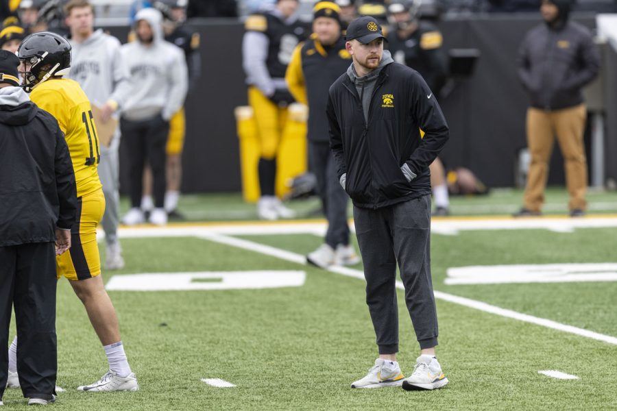 Iowa quarterback Spencer Petras looks to the sidelines during a spring football practice at the Kinnick Stadium on Saturday, April 22, 2023.