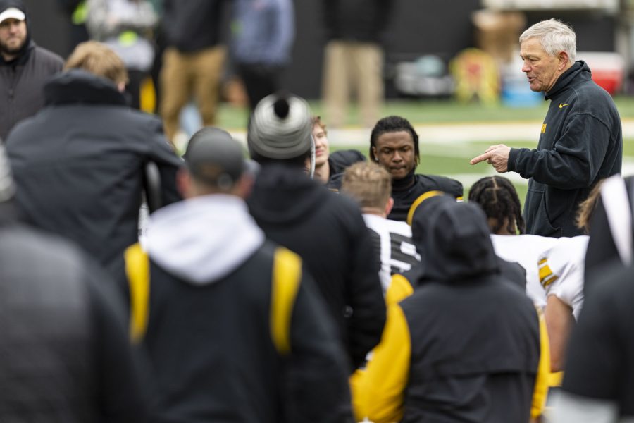Iowa head coach Kirk Ferentz talks with the team after a spring football practice at the Kinnick Stadium on Saturday, April 22, 2023.
