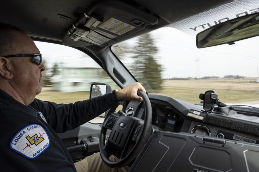 Assistant Director of Louisa County Ambulance Service Dan Conry drives an ambulance in Columbus Junction, Iowa on Friday, March 24, 2023.