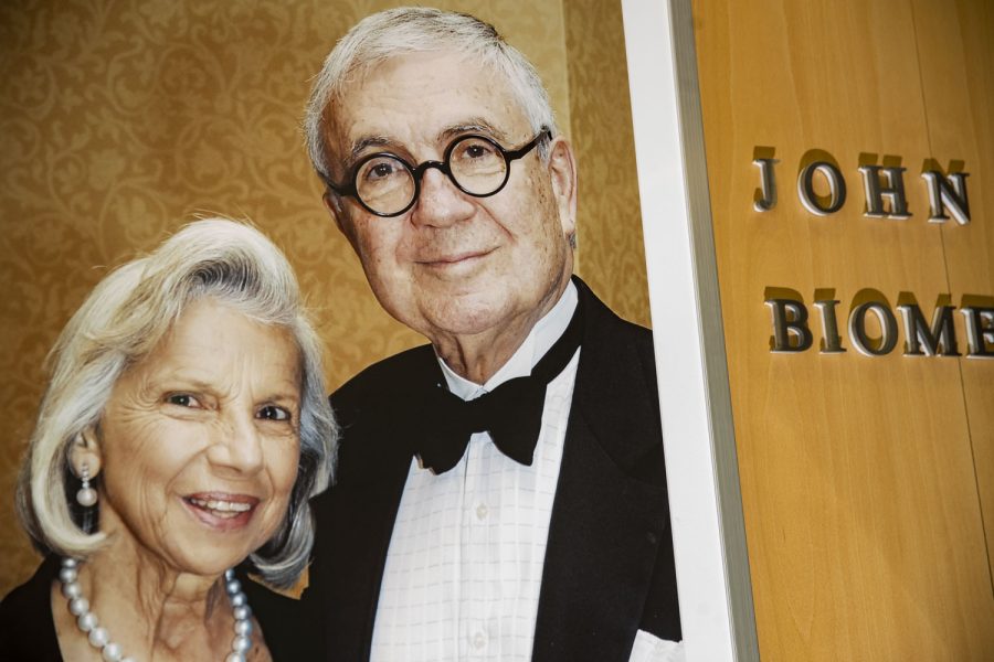 A John and Mary Pappajohn portrait is seen in the John and Mary Pappajohn Biomedical Discovery Building on Wednesday, April 26, 2023. J. Pappajohn died on April 22 at age 94. 