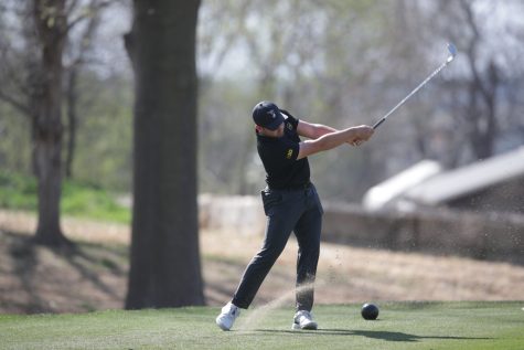 Iowa’s Mac McClear takes a shot during the Hawkeye invitational at Finkbine Golf Course in Iowa City on Friday, April 14, 2023. 