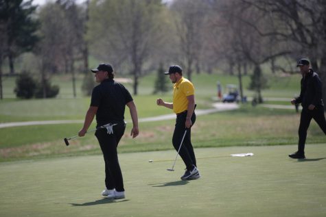 Iowas Mac McClear celebrates after a made putt during the Hawkeye invitational at Finkbine Golf Course in Iowa City on Saturday, April 15, 2023. The Hawkeyes lead after all three rounds of the two-day tournament, and took both the team and individual sweepstakes with Iowas Mac McClear taking the individual title. 