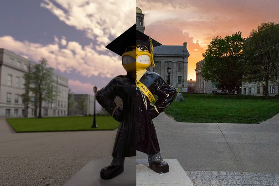A screenshot from video Welcome to the University of Iowa - Tippie College of Business Metaversity Campus. Credit: VictoryXR, University of Iowa (left) and a photo of the Herky statue from Ben Smith for The Daily Iowan (right). Photo illustration by Avi Lapchick.