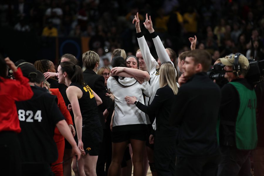 The Iowa women’s basketball team celebrates after a 2023 NCAA women’s Final Four game between No. 1 South Carolina and No. 2 Iowa at American Airlines Arena in Dallas, Texas, on Friday, March 31, 2023. The Hawkeyes defeated the Gamecocks, 77-73, to advance to the National Championship Game. 