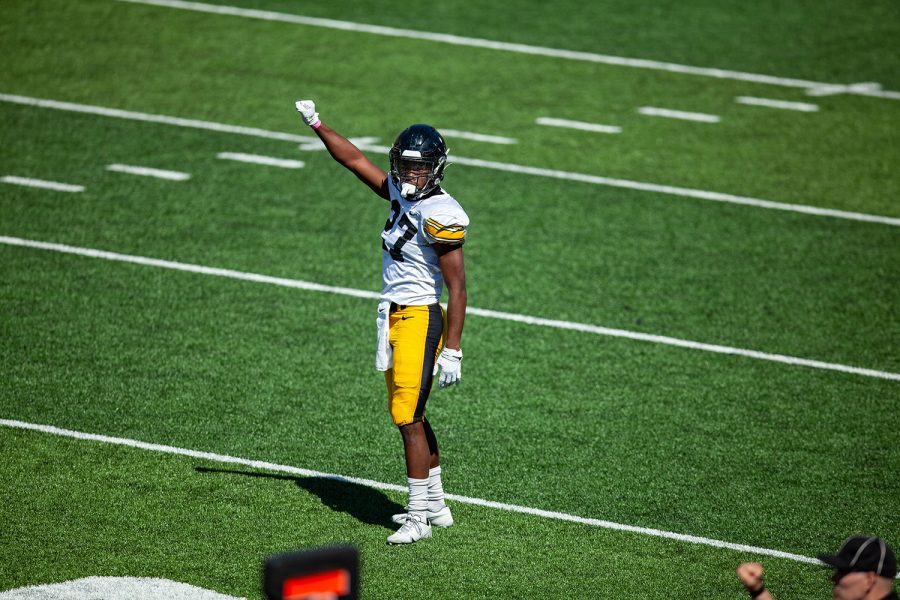 Iowa defensive back Jermari Harris signals fourth down during a spring practice at Kinnick Stadium on Saturday, May 1, 2021. 