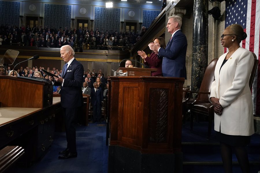 Feb 7, 2023; Washington, DC, USA; President Joe Biden prepares to deliver the State of the Union address to a joint session of Congress at the Capitol, Tuesday, Feb. 7, 2023, in Washington, as Vice President Kamala Harris, House Speaker Kevin McCarthy of Calif., and Clerk of the House of the Representatives Cheryl Johnson watch.