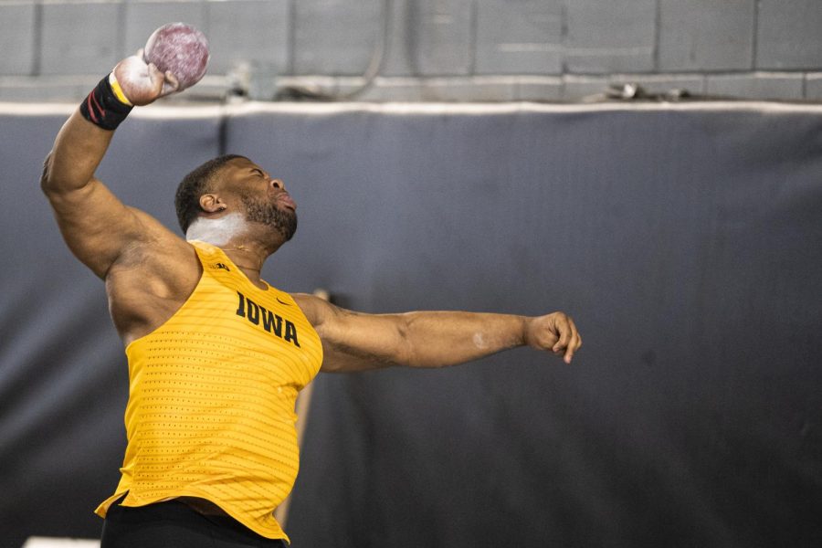 Iowa’s Quintin Lyons throws a shot-put during the Hawkeye Invitational at the University of Iowa Recreation Building in Iowa City on Saturday, Jan. 14, 2023. Lyons best throw went 16.01 meters. The Hawkeye Invitational hosted Ball State, Bradley, Indian Hills, Iowa, Iowa Central, Missouri, Northern Iowa, Western Illinois, Wis.-River Falls, and unattached individuals. (Jerod Ringwald/The Daily Iowan)
