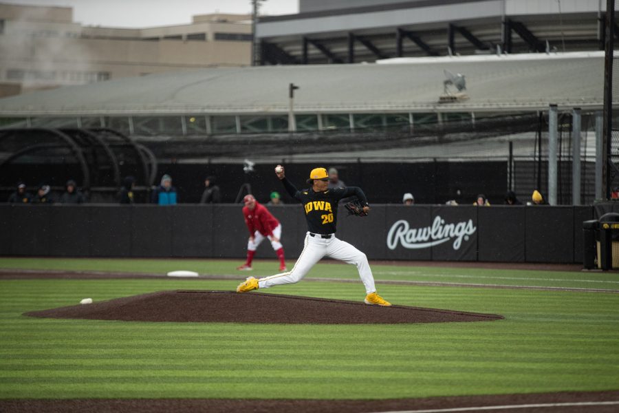 Iowa+pitcher+Marcus+Morgan+throws+a+pitch+to+home+during+a+baseball+game+at+Duane+Banks+Field+in+Iowa+City+on+Saturday+April+22%2C+2023.+The+Hawkeyes+defeated+the+Corn+Huskers%2C+8-0.