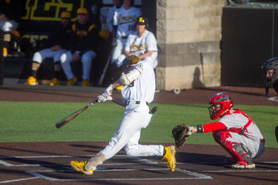 Iowa outfielder Kyle Huckstorf hits the ball during a baseball game between Iowa and Illinois State at Duane Banks Field on Tuesday, May 2, 2023. The Iowa Hawkeyes defeated the Illinois State Redbirds, 7-4.