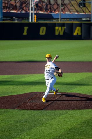 Iowa pitcher Ty Langenberg throws the ball during a baseball game between Iowa and Illinois State at Duane Banks Field on Tuesday, May 2, 2023. The Iowa Hawkeyes defeated the Illinois State Redbirds, 7-4.