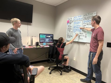 Filmmakers Daniel McGregor-Huyer, Ryan Adams, Jenna Galligan and Ayrton Breckenridge work in the Daily Iowan Documentary Workshop at the University of Iowa on Wednesday, Sept. 14, 2022. The Workshop produced two feature-length films over the course of three years.