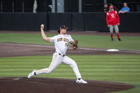 Iowa pitcher Brody Brecht throws a ball during a baseball game between Iowa and Ohio State at Duane Banks Field on Friday, May 5, 2023. The Hawkeyes defeated the Buckeyes, 16-9.