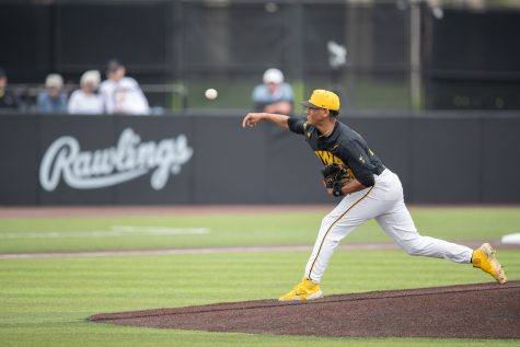 Iowa right-handed pitcher Marcus Morgan throws the ball during a baseball game between Iowa and Ohio State at Duane Banks Baseball Stadium on Saturday, May 6, 2023. The Hawkeyes defeated the Buckeyes, 15-3.