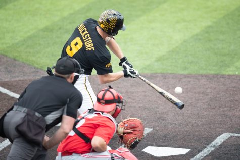 Iowa outfielder Kyle Huckstorf swings during a baseball game between Iowa and Ohio State at Duane Banks Baseball Stadium on Saturday, May 6, 2023. The Hawkeyes defeated the Buckeyes 15-3.