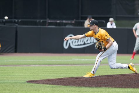 Iowa pitcher Ty Langenberg throws the ball during a baseball game between Iowa and Ohio State at Duane Banks Field in Iowa City on Sunday, May 7, 2023. The Buckeyes defeated the Hawkeyes, 5-2.