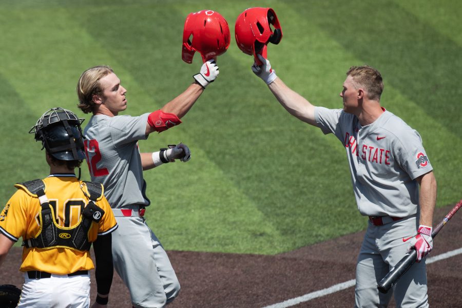Ohio State Tyler Pettorini celebrates after hitting a home run during a baseball game between Iowa and Ohio State at Duane Banks Field in Iowa City on Sunday, May 7, 2023. The Buckeyes defeated the Hawkeyes, 5-2.