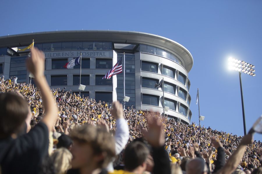 Fans wave at the Stead Family Children’s hospital during a football game between Northwestern and Iowa at Kinnick Stadium on Oct. 29, 2022. Iowa defeated Northwestern, 33-13.