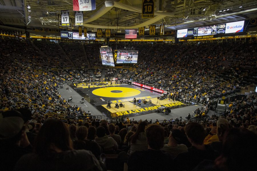Carver-Hawkeye Arena is seen during a dual between Iowa and Northwestern on Jan. 14, 2023. The Hawkeyes defeated the Wildcats, 27-9.