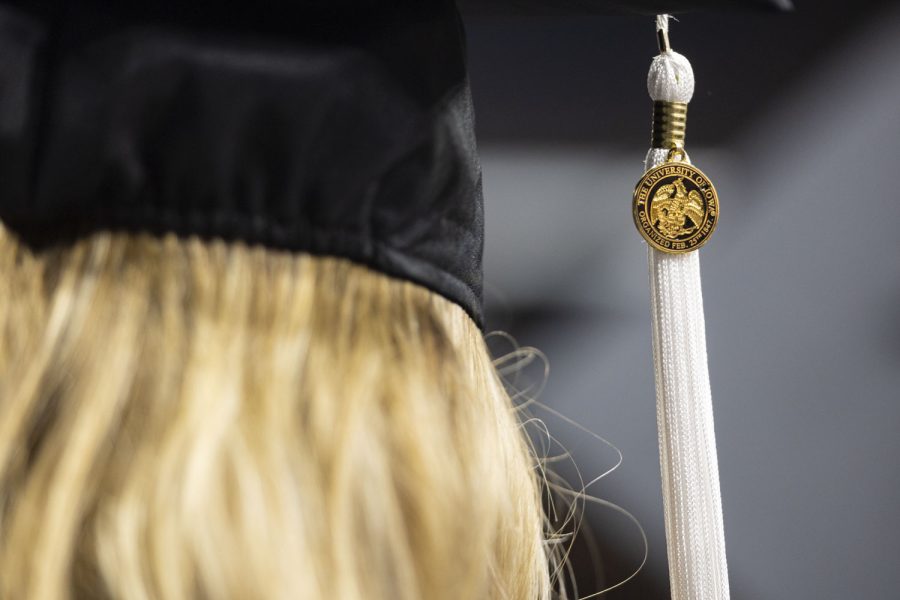 A tassel sits on a graduates head during the University of Iowas spring 2023 Commencement Ceremony for the College of Liberal Arts and Sciences at Carver-Hawkeye Arena on Saturday, May 13, 2023. The ceremony marks one of two Liberal Arts and Sciences ceremonies.