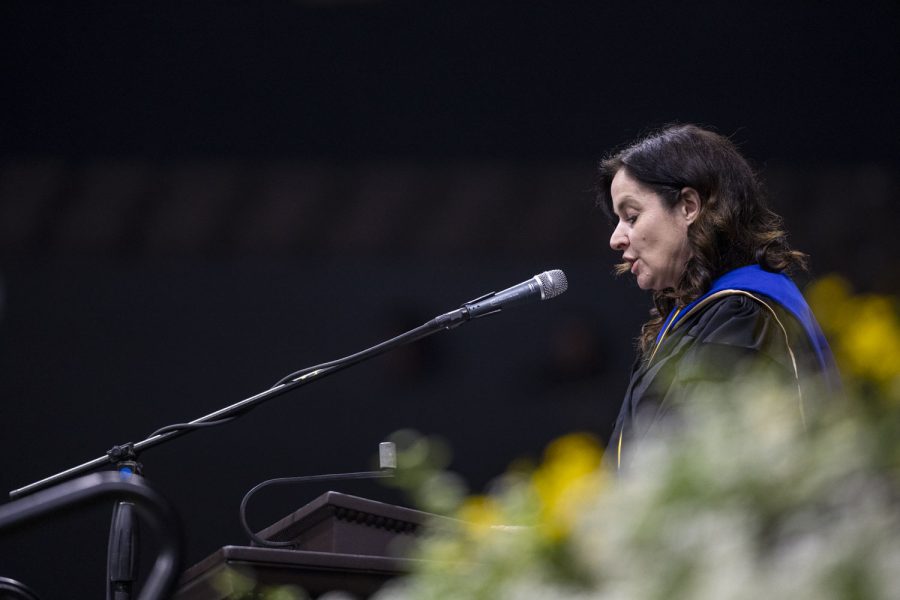 Dean of the College of Liberal Arts and Sciences Sara Sanders speaks during the University of Iowas spring 2023 Commencement Ceremony for the College of Liberal Arts and Sciences at Carver-Hawkeye Arena on Saturday, May 13, 2023. The ceremony marks one of two Liberal Arts and Sciences ceremonies.