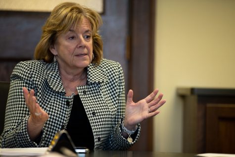 University of Iowa President Barbara Wilson speaks during an interview on Tuesday, May 2, 2023. 