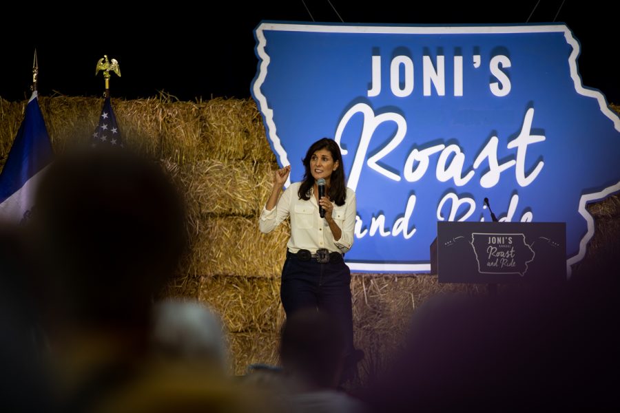 2024 Republican presidential candidate Nikki Haley speaks during “Joni’s Roast and Ride” a Republican-hosted event in Des Moines, Iowa, on Saturday, June 3, 2023. 