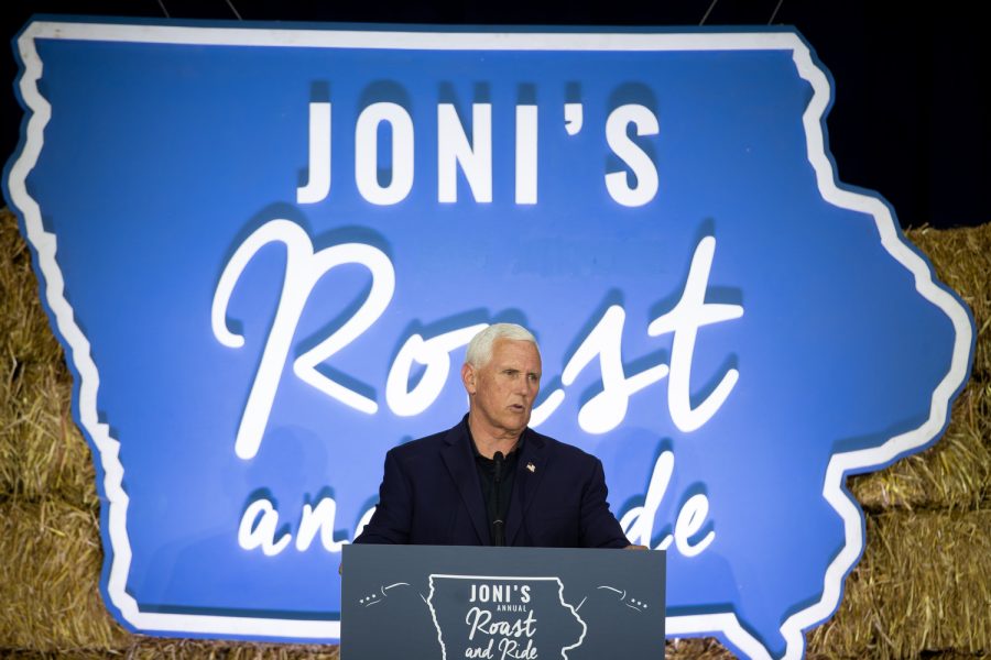 Former Vice President Mike Pence speaks during “Joni’s Roast and Ride” a Republican-hosted event in Des Moines, Iowa, on Saturday, June 3, 2023. 