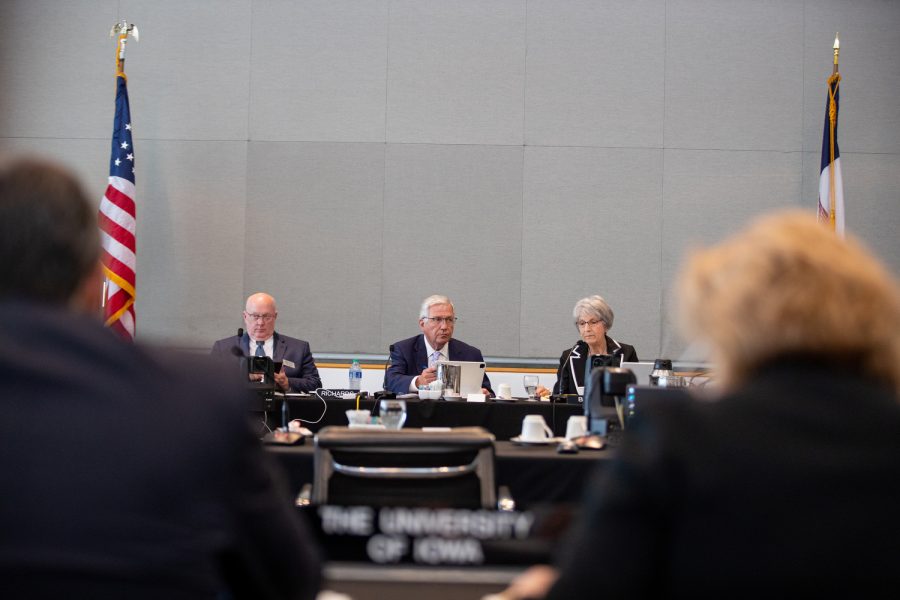 Board of Regents Executive Director Mark Braun, President Michael Richards, and President Pro Tem Sherry Bates lead a Board of Regents meeting in Iowa City on Wednesday, June 14, 2023.