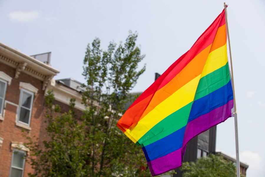A pride flag is seen during the 2023 Pride Parade & Festival in downtown Iowa City on Saturday, June 17, 2023.