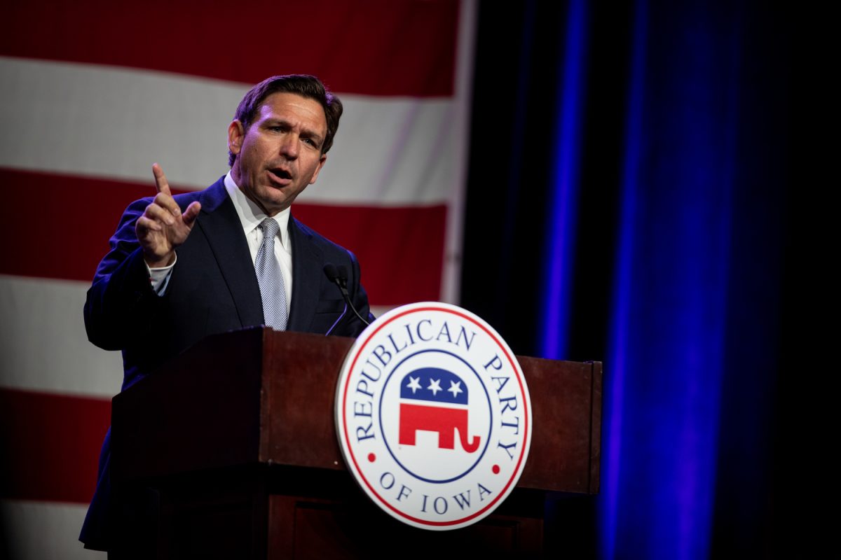 Florida Governor and 2024 presidential candidate Ron DeSantis speaks during the annual Lincoln Dinner at the Iowa Events Center in Des Moines, Iowa on Friday, July 28, 2023. 