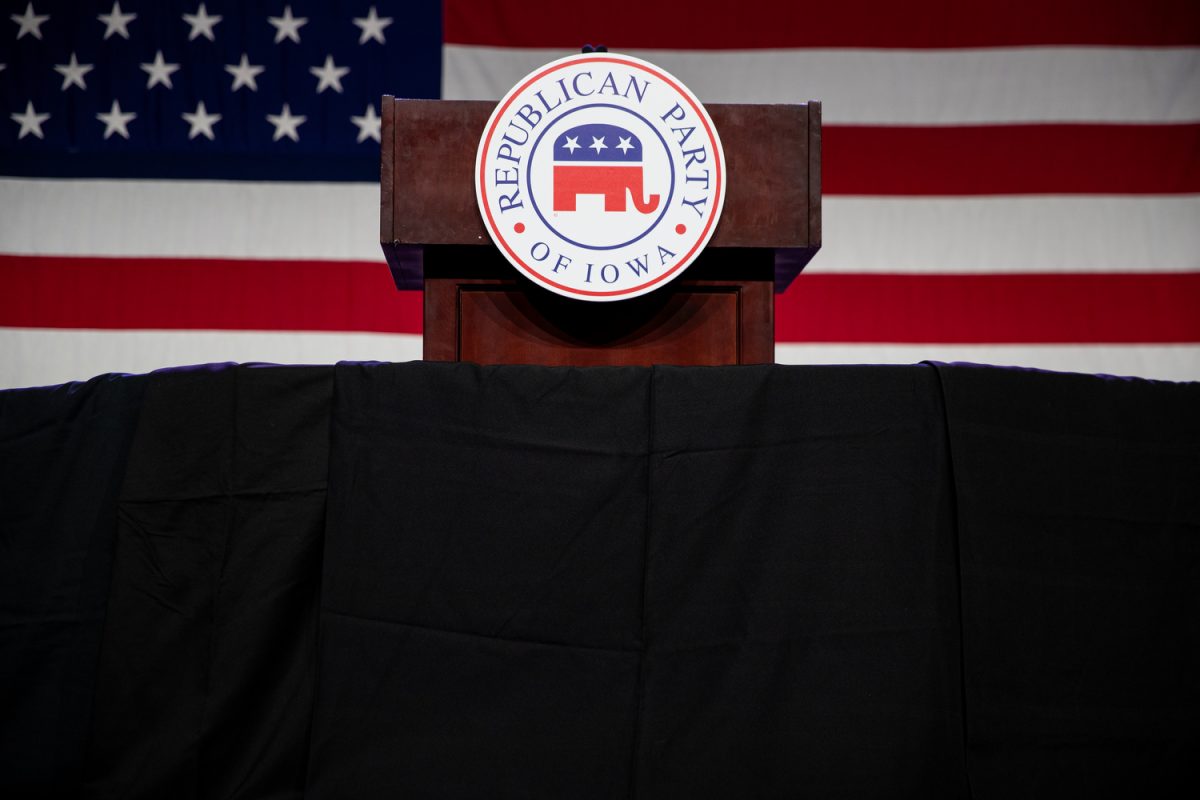 An empty podium is seen during the annual Lincoln Dinner at the Iowa Events Center in Des Moines, Iowa, on Friday, July 28, 2023.  