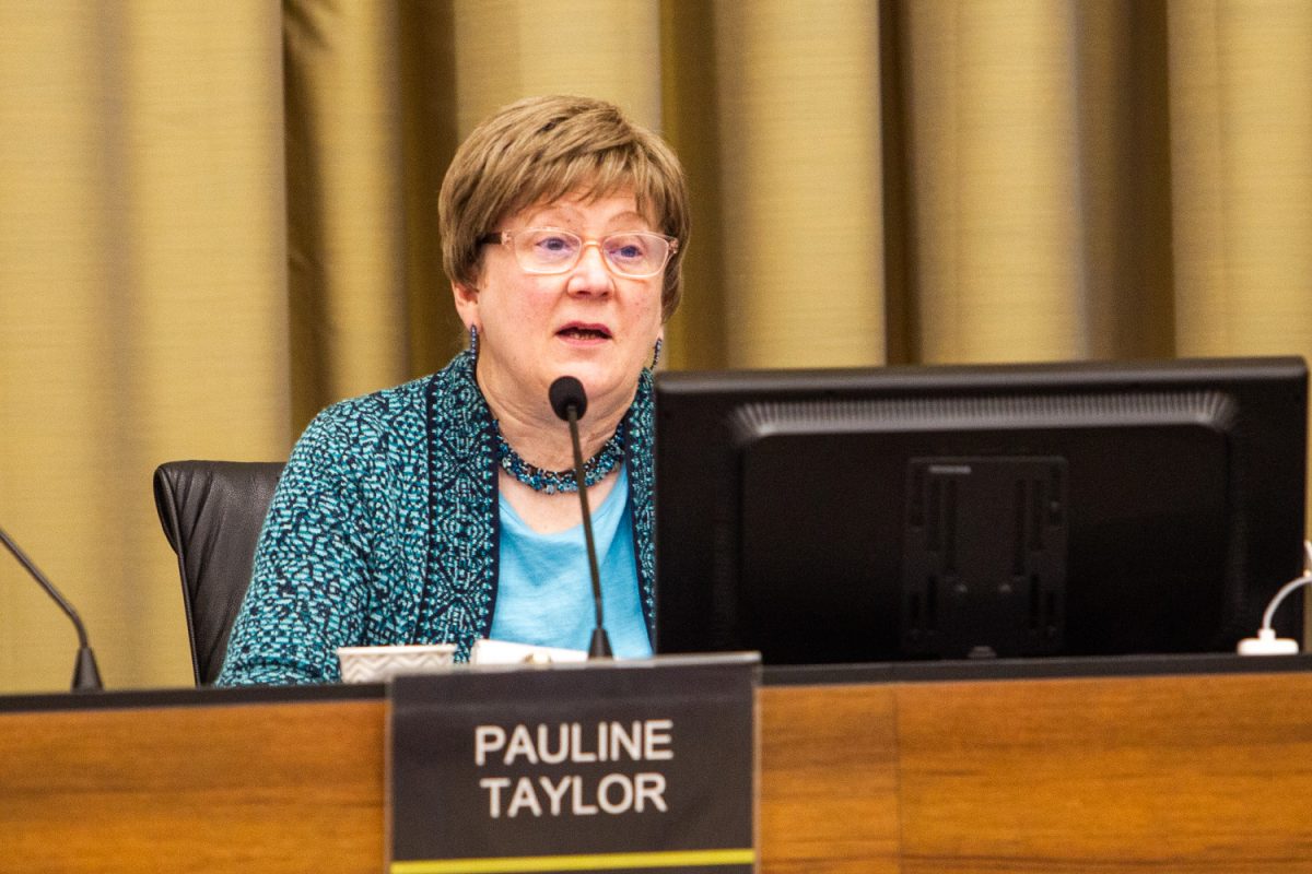 Iowa City councilmember Pauline Taylor speaks during the Iowa City Council meeting at City Hall in Iowa City on Tuesday, April 18, 2023. 