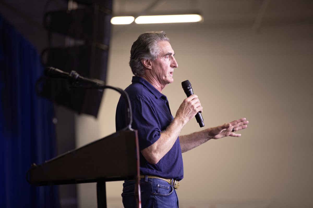 North Dakota Governor and 2024 presidential candidate Doug Burgum speaks to attendees during Ashley Hinson’s BBQ Bash at Hawkeye Downs in Cedar Rapids, Iowa on Sunday, August 6, 2023.