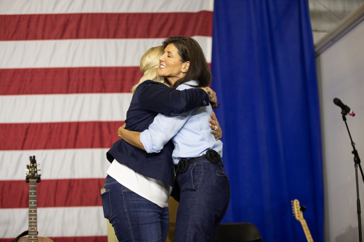 2024 presidential candidate Nikki Haley hugs Ashley Hinson during Ashley Hinson’s BBQ Bash at Hawkeye Downs in Cedar Rapids, Iowa on Sunday, August 6, 2023.