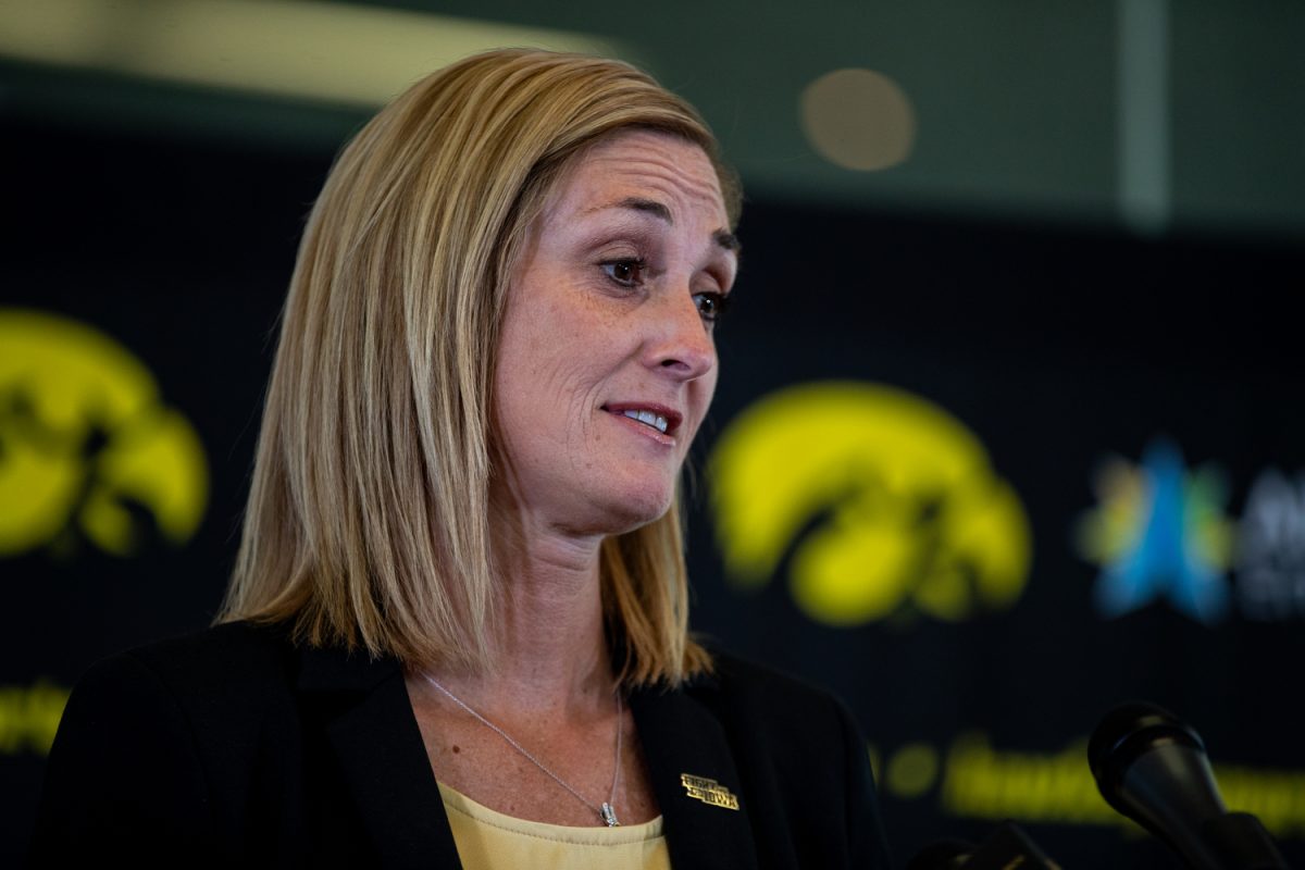 Interim Athletic Director Beth Goetz talks during a press conference at Carver-Hawkeye Arena on Thursday, August 17, 2023. 