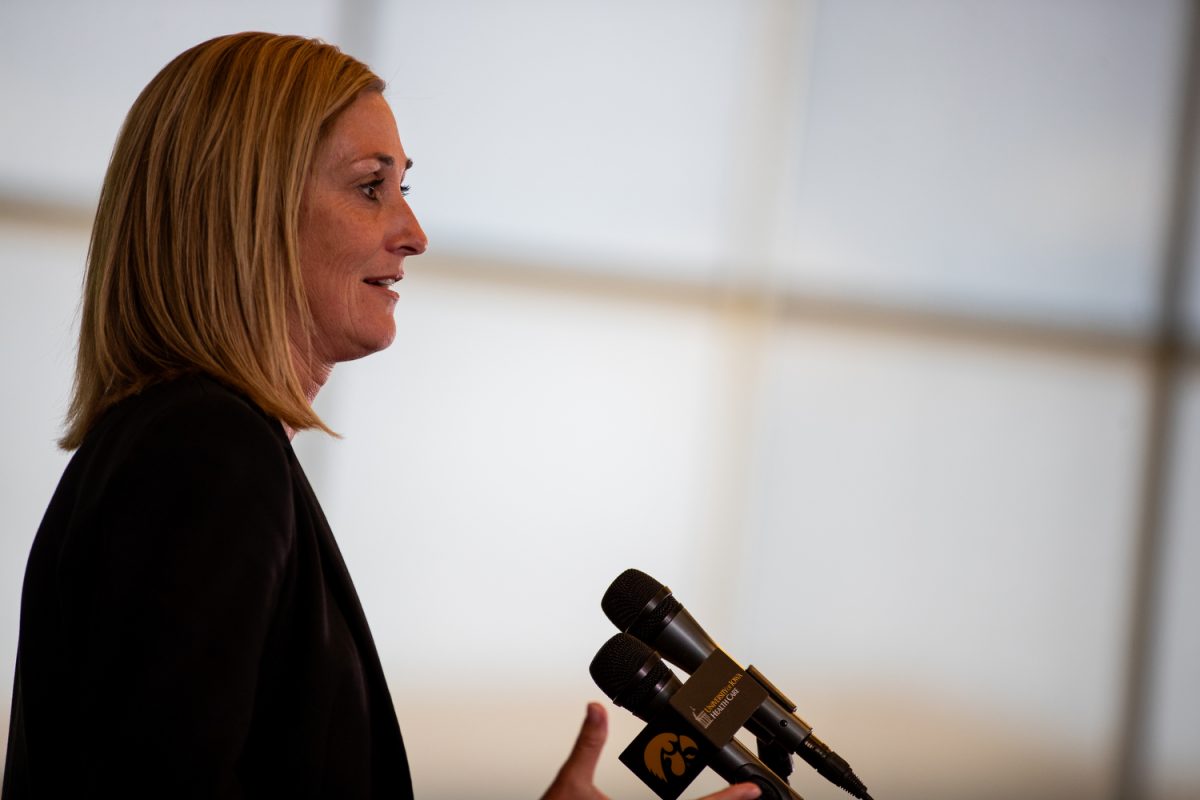 Interim Athletic Director Beth Goetz talks during a press conference on Thursday, Aug. 17, 2023. 