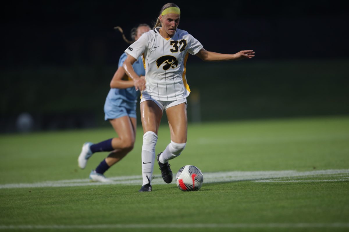 Iowa midfielder Maggie Johnston kicks the ball during a soccer game between Iowa and Kansas City at the University of Iowa Soccer Complex on Sunday, Aug. 20, 2023. The Hawkeyes defeated the Roos 2-0. 